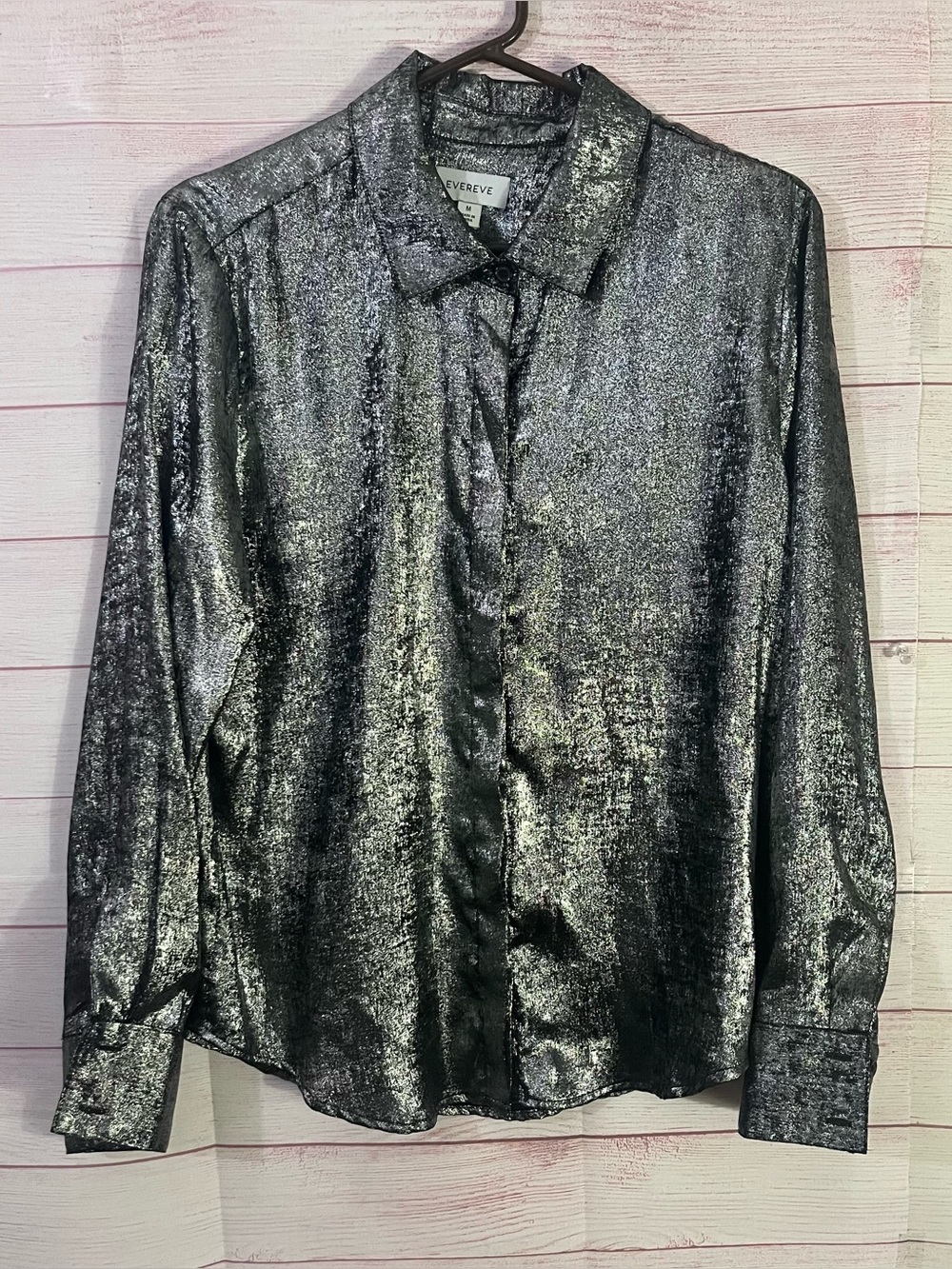 Evereve Silver Foil Metallic Shimmery Button Up Long Sleeve Blouse Size Medium